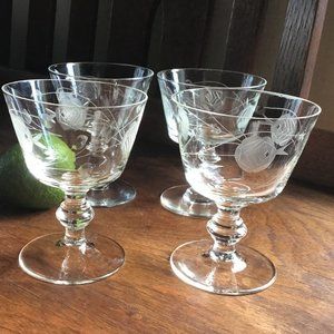 Vintage Set of Four  Etched Rose Stemmed Cocktail Bar Glasses